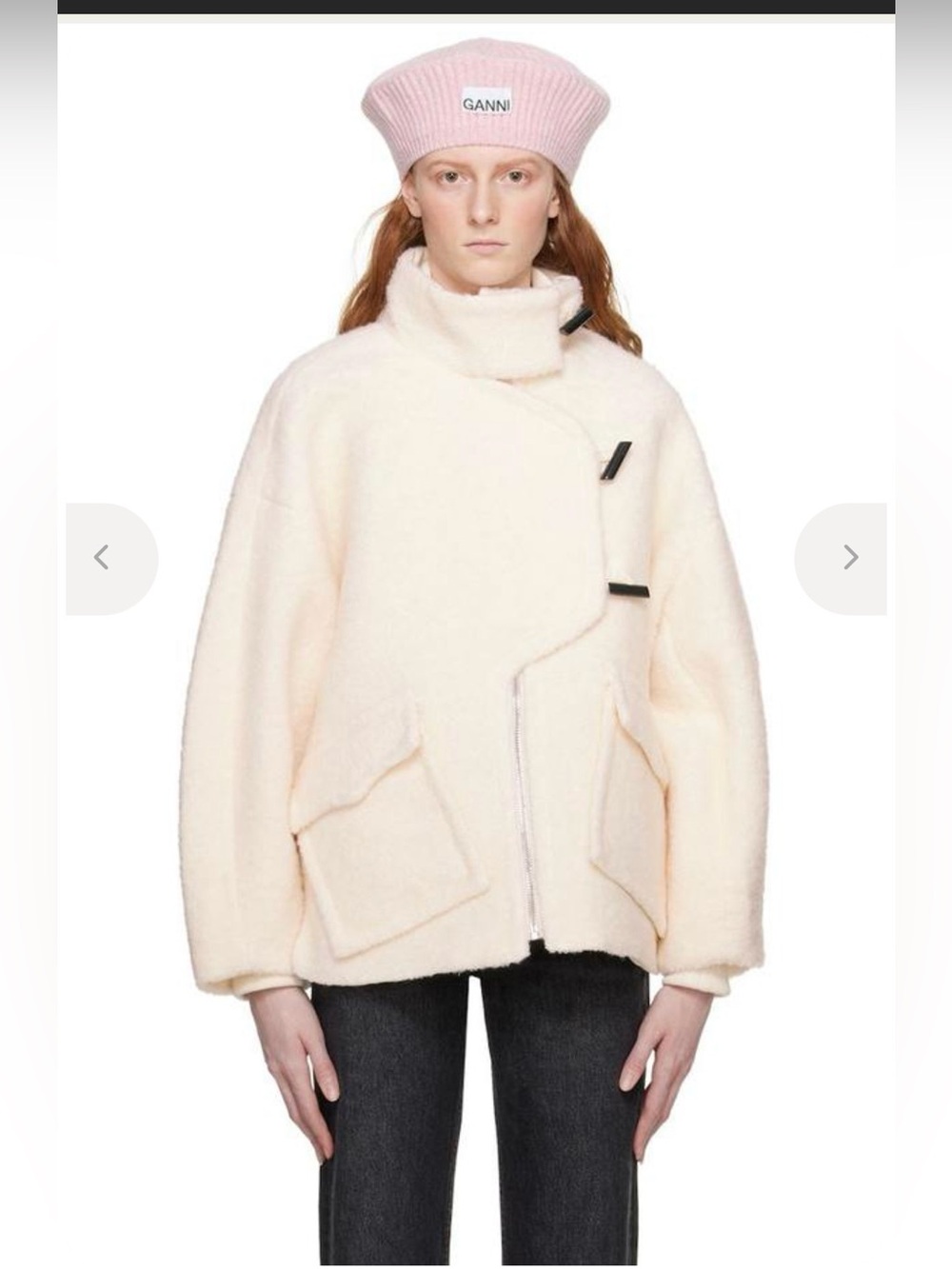 GANNI Egret Bouclé Recycled Wool Oversized Toggle Jacket Size 32